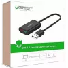 Väline USB 2.0 heliadapter UGREEN 30724 — 2.0 stereo, kõrvaklappide väljund, mikrofonisisend, 0,15 m kaabel, must
