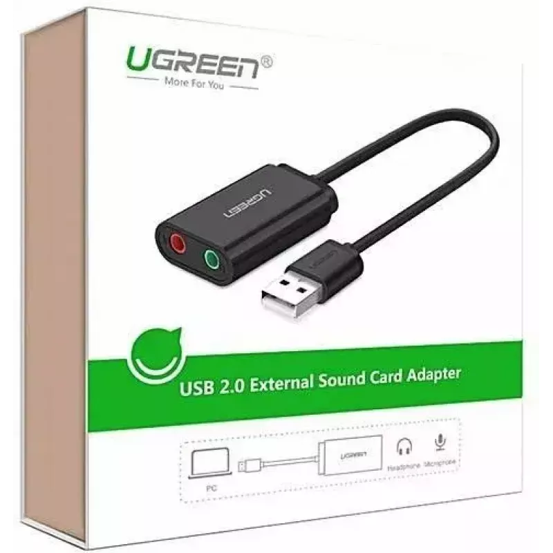 Väline USB 2.0 heliadapter UGREEN 30724 — 2.0 stereo, kõrvaklappide väljund, mikrofonisisend, 0,15 m kaabel, must