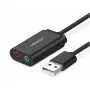 Väline USB 2.0 heliadapter UGREEN 30724 — 2.0 stereo, kõrvaklappide väljund, mikrofonisisend, 0,15 m kaabel, must