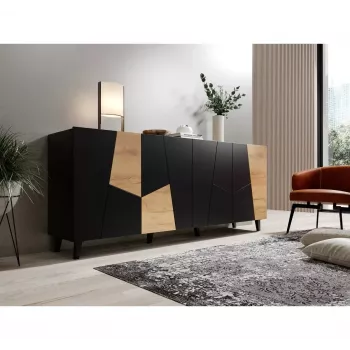 Kummut cama meble ETNA 200x42x82 cm, must matt tamme käsitööaktsentidega, puitlaastplaat