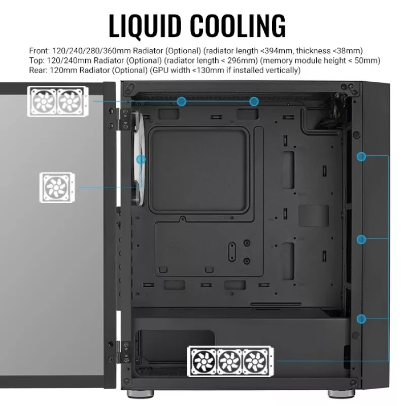 PC Midi Tower korpus AEROCOOL Graphite‑G‑BK‑v2 — Must, ATX/Micro‑ATX/Mini‑ITX, ees 2×140mm+tagumine 1×140mm