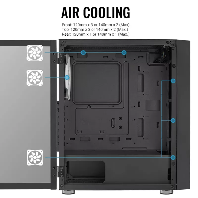 PC Midi Tower korpus AEROCOOL Graphite‑G‑BK‑v2 — Must, ATX/Micro‑ATX/Mini‑ITX, ees 2×140mm+tagumine 1×140mm
