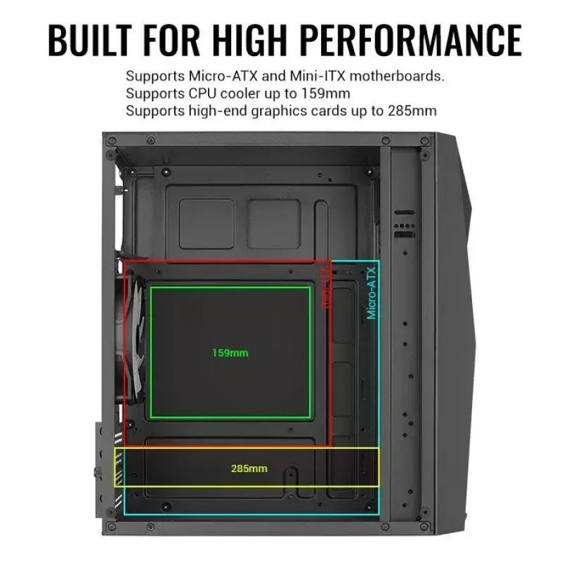 Arvutikorpus AEROCOOL Raider Mini G V3 Mini-ITX / microATX, must, külgaken, roheline LED, max GPU 285 mm, protsessorijahuti 159 mm