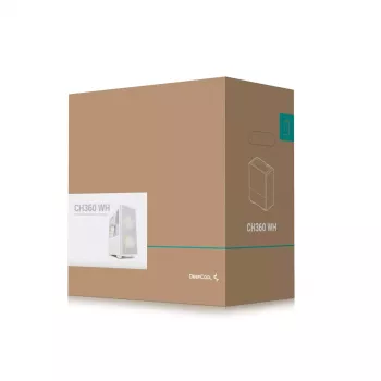 Arvutikorpus DeepCool CH360 micro ATX valge — karastatud klaas, 2×140 mm esiventilaatorit, USB-C, toetab kuni 320 mm graafikakaarte