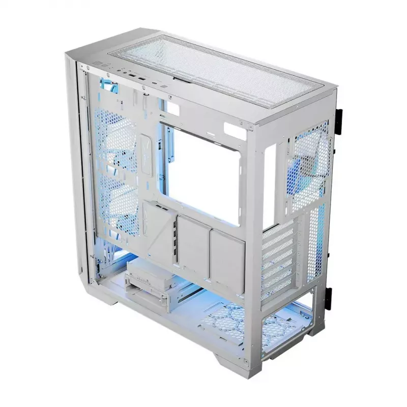 PC Case MODECOM HORIZON FLOW MIDI Valge — Midi-Tower, ARGB, karastatud klaas, micro ATX, USB-C, 3x140mm ees, 1x140mm taga, GPU kuni 400 mm, CPU jahuti kõrgus 172 mm