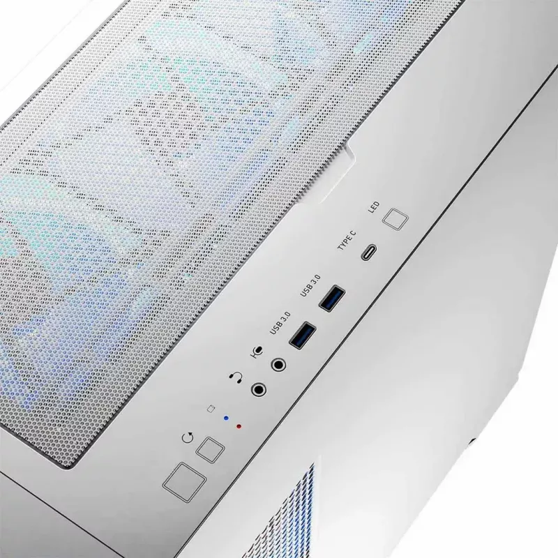 PC Case MODECOM HORIZON FLOW MIDI Valge — Midi-Tower, ARGB, karastatud klaas, micro ATX, USB-C, 3x140mm ees, 1x140mm taga, GPU kuni 400 mm, CPU jahuti kõrgus 172 mm