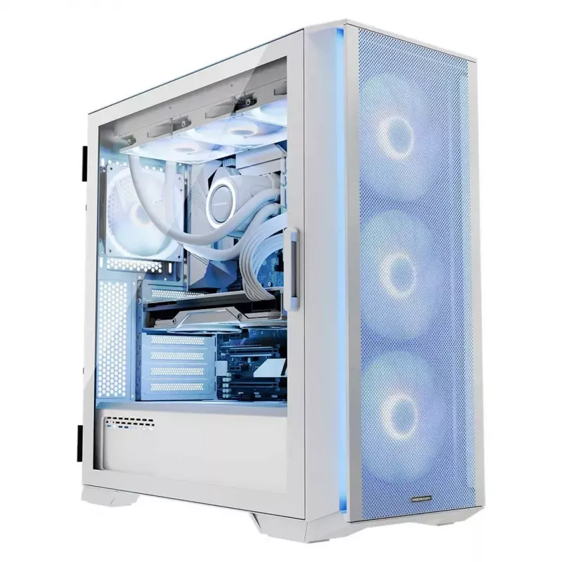 PC Case MODECOM HORIZON FLOW MIDI Valge — Midi-Tower, ARGB, karastatud klaas, micro ATX, USB-C, 3x140mm ees, 1x140mm taga, GPU kuni 400 mm, CPU jahuti kõrgus 172 mm