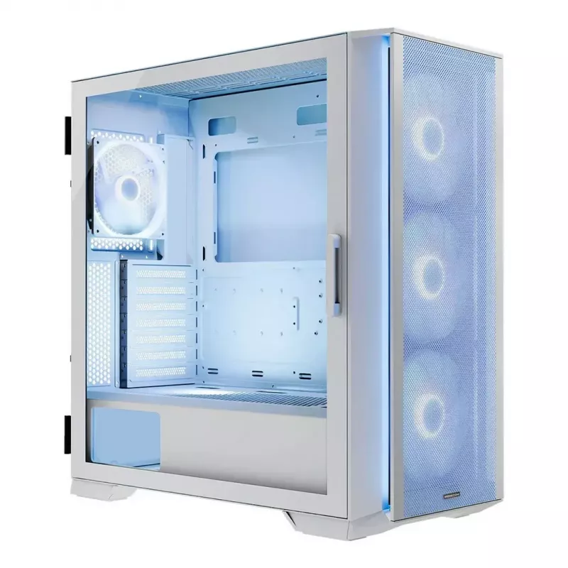 PC Case MODECOM HORIZON FLOW MIDI Valge — Midi-Tower, ARGB, karastatud klaas, micro ATX, USB-C, 3x140mm ees, 1x140mm taga, GPU kuni 400 mm, CPU jahuti kõrgus 172 mm
