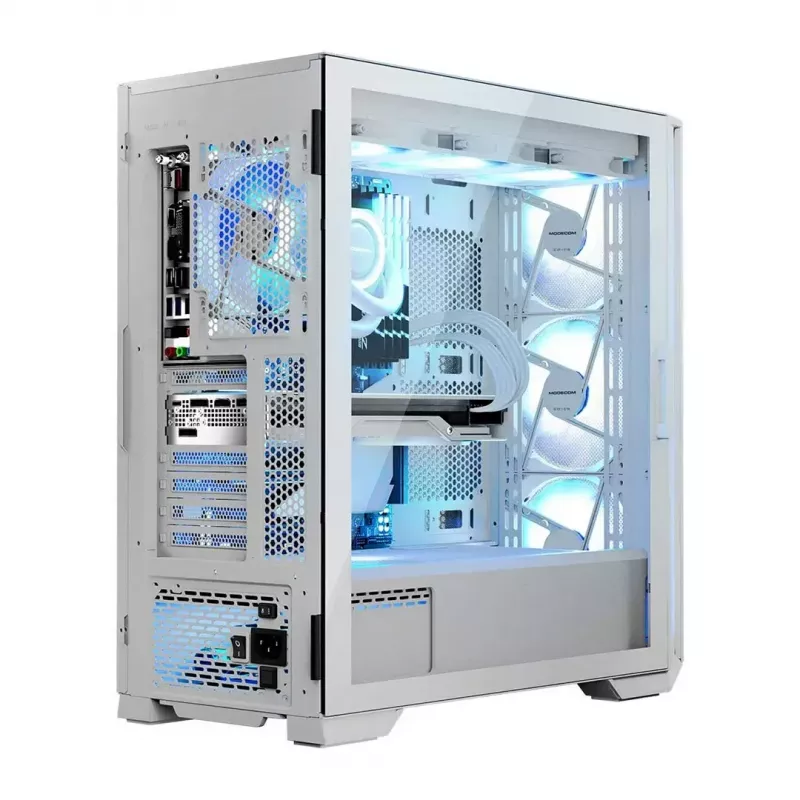 PC Case MODECOM HORIZON FLOW MIDI Valge — Midi-Tower, ARGB, karastatud klaas, micro ATX, USB-C, 3x140mm ees, 1x140mm taga, GPU kuni 400 mm, CPU jahuti kõrgus 172 mm