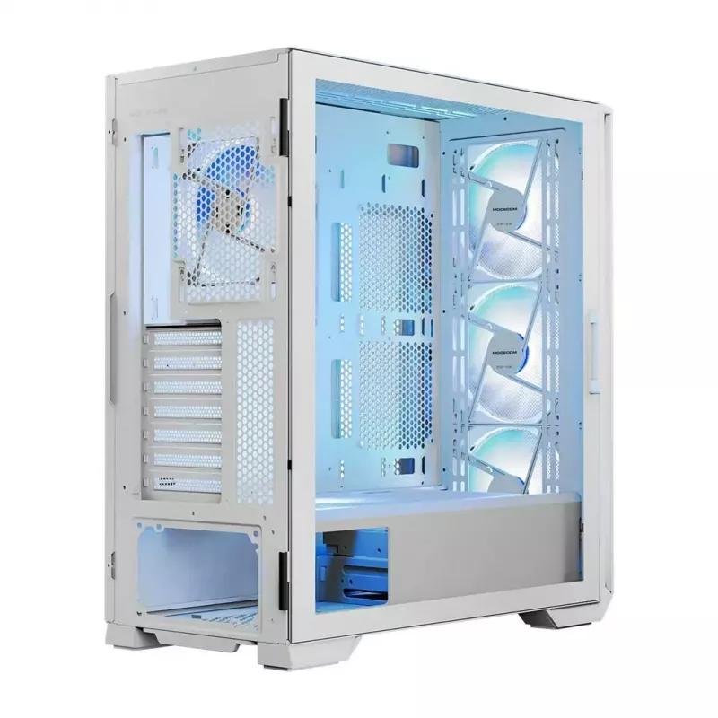 PC Case MODECOM HORIZON FLOW MIDI Valge — Midi-Tower, ARGB, karastatud klaas, micro ATX, USB-C, 3x140mm ees, 1x140mm taga, GPU kuni 400 mm, CPU jahuti kõrgus 172 mm