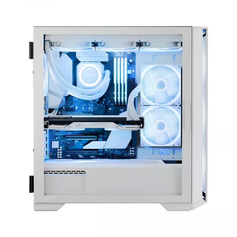 PC Case MODECOM HORIZON FLOW MIDI Valge — Midi-Tower, ARGB, karastatud klaas, micro ATX, USB-C, 3x140mm ees, 1x140mm taga, GPU kuni 400 mm, CPU jahuti kõrgus 172 mm
