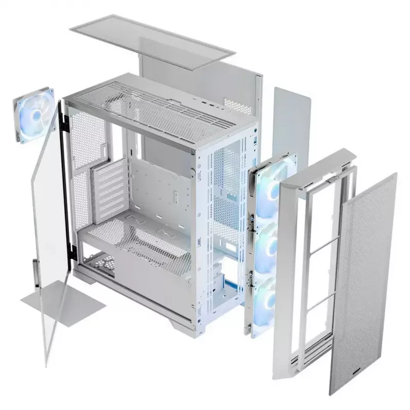 PC Case MODECOM HORIZON FLOW MIDI Valge — Midi-Tower, ARGB, karastatud klaas, micro ATX, USB-C, 3x140mm ees, 1x140mm taga, GPU kuni 400 mm, CPU jahuti kõrgus 172 mm