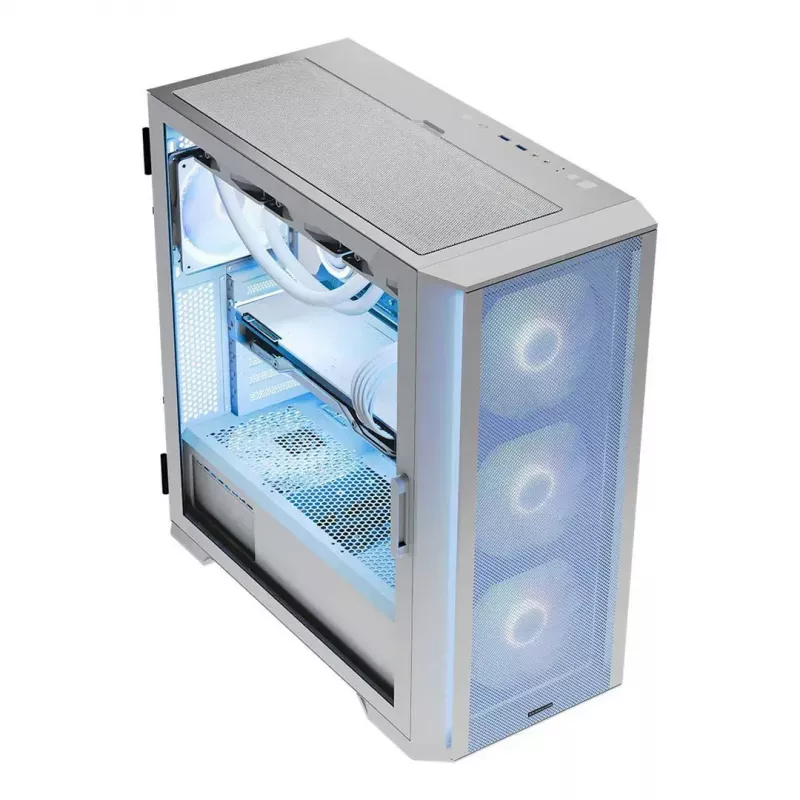 PC Case MODECOM HORIZON FLOW MIDI Valge — Midi-Tower, ARGB, karastatud klaas, micro ATX, USB-C, 3x140mm ees, 1x140mm taga, GPU kuni 400 mm, CPU jahuti kõrgus 172 mm