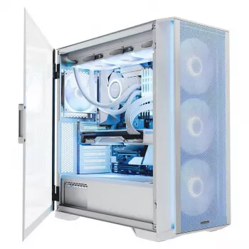 PC Case MODECOM HORIZON FLOW MIDI Valge — Midi-Tower, ARGB, karastatud klaas, micro ATX, USB-C, 3x140mm ees, 1x140mm taga, GPU kuni 400 mm, CPU jahuti kõrgus 172 mm
