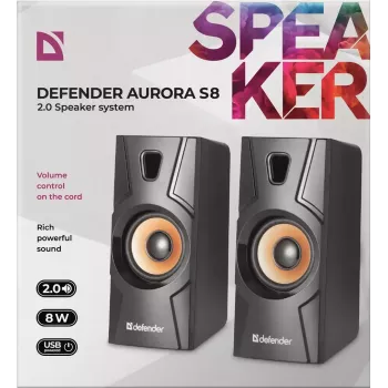 Juhtmega lauaarvutikõlar DEFENDER Aurora S8 — 2.0, 8 W RMS, USB-toide, 3,5 mm, must