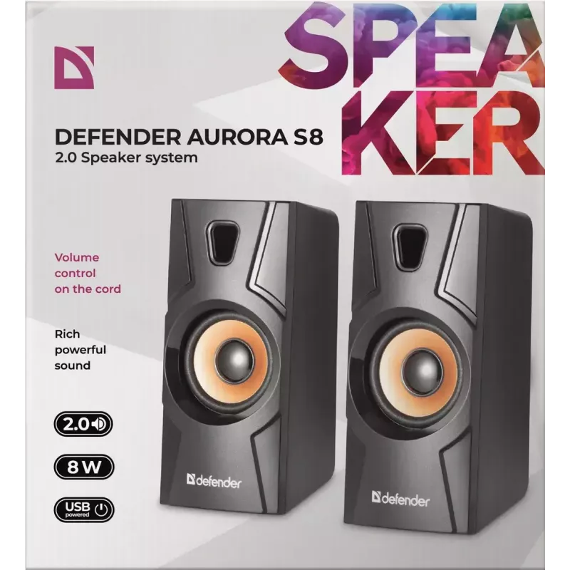 Juhtmega lauaarvutikõlar DEFENDER Aurora S8 — 2.0, 8 W RMS, USB-toide, 3,5 mm, must