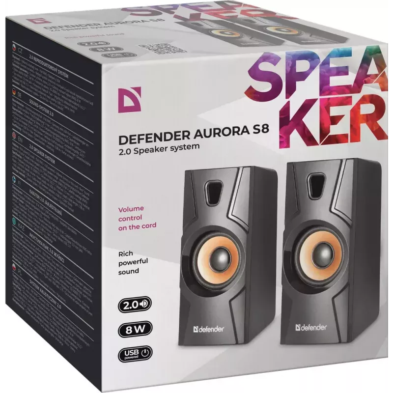 Juhtmega lauaarvutikõlar DEFENDER Aurora S8 — 2.0, 8 W RMS, USB-toide, 3,5 mm, must