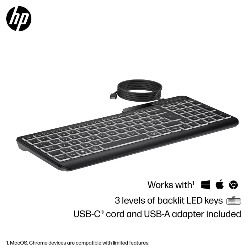 HP 400 taustvalgustusega juhtmega klaviatuur, täissuuruses (100%), juhtmega, USB, mehaaniline, QWERTY, must