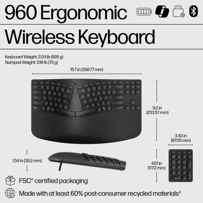 HP 960 Ergonoomiline juhtmevaba klaviatuur, täissuuruses (100%), juhtmevaba, RF-juhtmevaba + Bluetooth, membraan, QWERTY, must