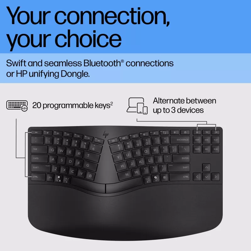 HP 965 Ergonoomiline juhtmevaba klaviatuur, täissuuruses (100%), juhtmevaba, RF-juhtmevaba + Bluetooth, membraan, QWERTY, must