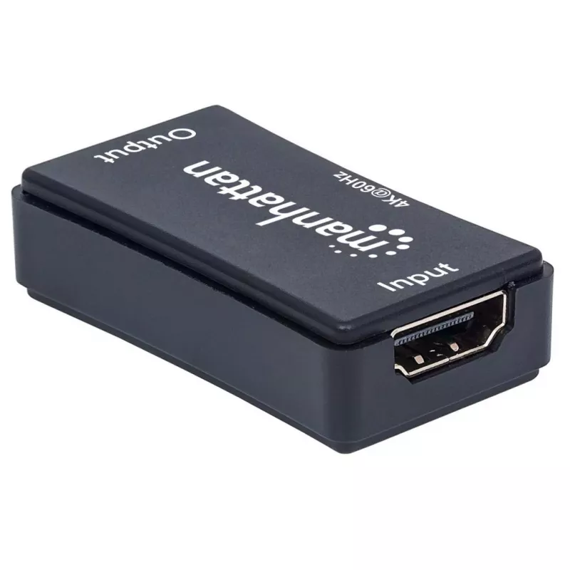 AV repiiter Manhattan HDMI Repeater 4K@60Hz, 1xHDMI sisend/väljund, 600 MHz ribalaius, kuni 40 m, toide mikro-USB kaudu, must