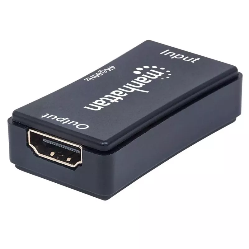 AV repiiter Manhattan HDMI Repeater 4K@60Hz, 1xHDMI sisend/väljund, 600 MHz ribalaius, kuni 40 m, toide mikro-USB kaudu, must