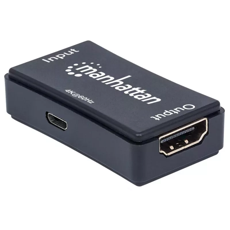 AV repiiter Manhattan HDMI Repeater 4K@60Hz, 1xHDMI sisend/väljund, 600 MHz ribalaius, kuni 40 m, toide mikro-USB kaudu, must