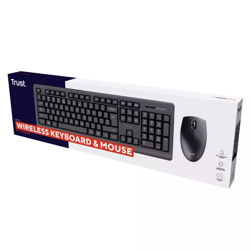 Juhtmevaba klaviatuuri ja hiire komplekt TRUST Primo — täissuuruses QWERTY USA inglise klaviatuur, RF USB-A vastuvõtja, 1200 DPI optiline hiir, must