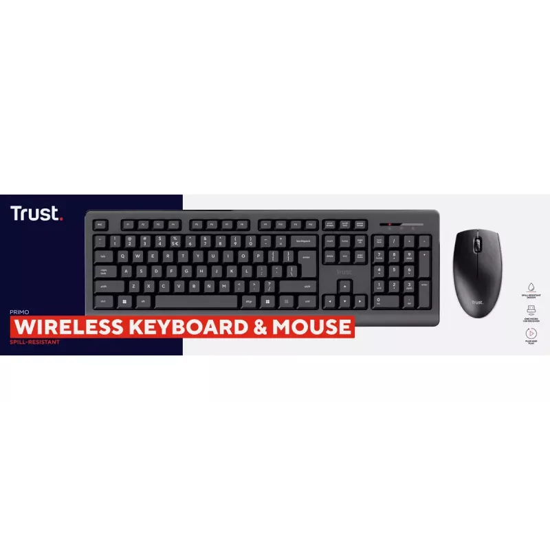 Juhtmevaba klaviatuuri ja hiire komplekt TRUST Primo — täissuuruses QWERTY USA inglise klaviatuur, RF USB-A vastuvõtja, 1200 DPI optiline hiir, must