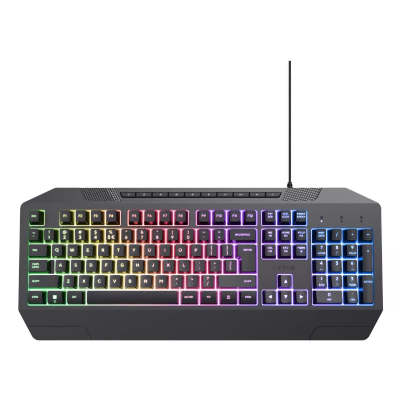 Juhtmega mänguklaviatuur TRUST GXT 836 Evocx USB QWERTY US English, RGB-taustvalgustus, randmetugi, 114 klahvi, 110% paigutus