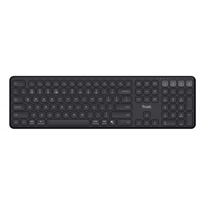 Klaviatuur TRUST Vaiya Universal USB RF traadita Bluetooth — Täissuuruses USA inglise, USB-C laadimine, käärikklahvid, numbriklaviatuur, must