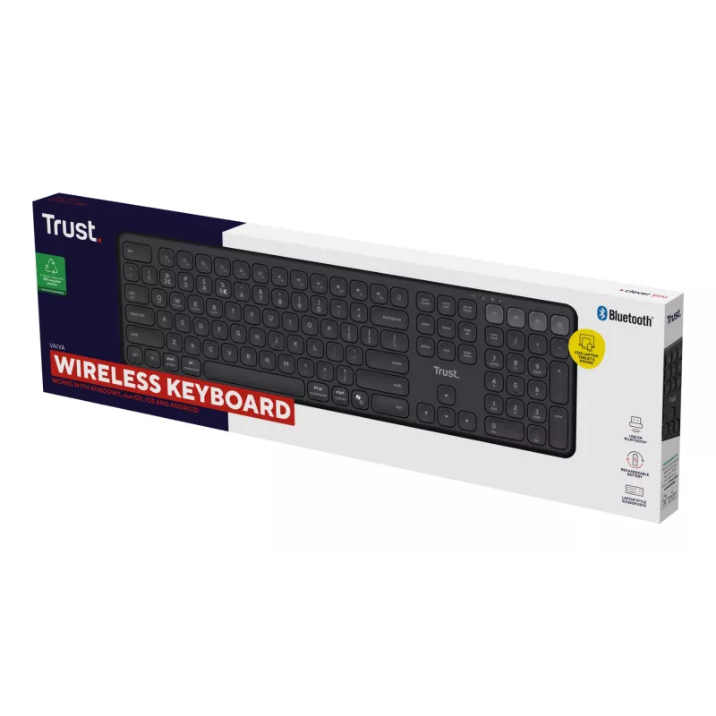 Klaviatuur TRUST Vaiya Universal USB RF traadita Bluetooth — Täissuuruses USA inglise, USB-C laadimine, käärikklahvid, numbriklaviatuur, must