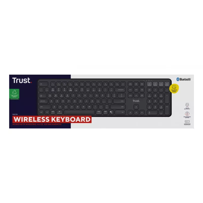 Klaviatuur TRUST Vaiya Universal USB RF traadita Bluetooth — Täissuuruses USA inglise, USB-C laadimine, käärikklahvid, numbriklaviatuur, must