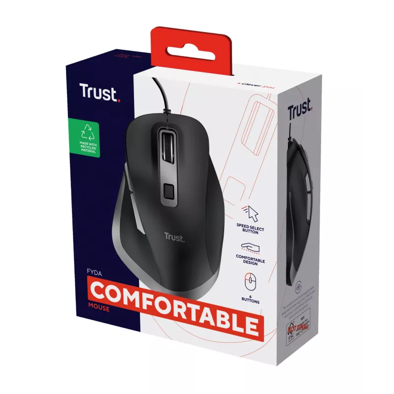 Trust Fyda juhtmega hiir, paremakäeline, optiline, USB Type-A, 5000 DPI, must