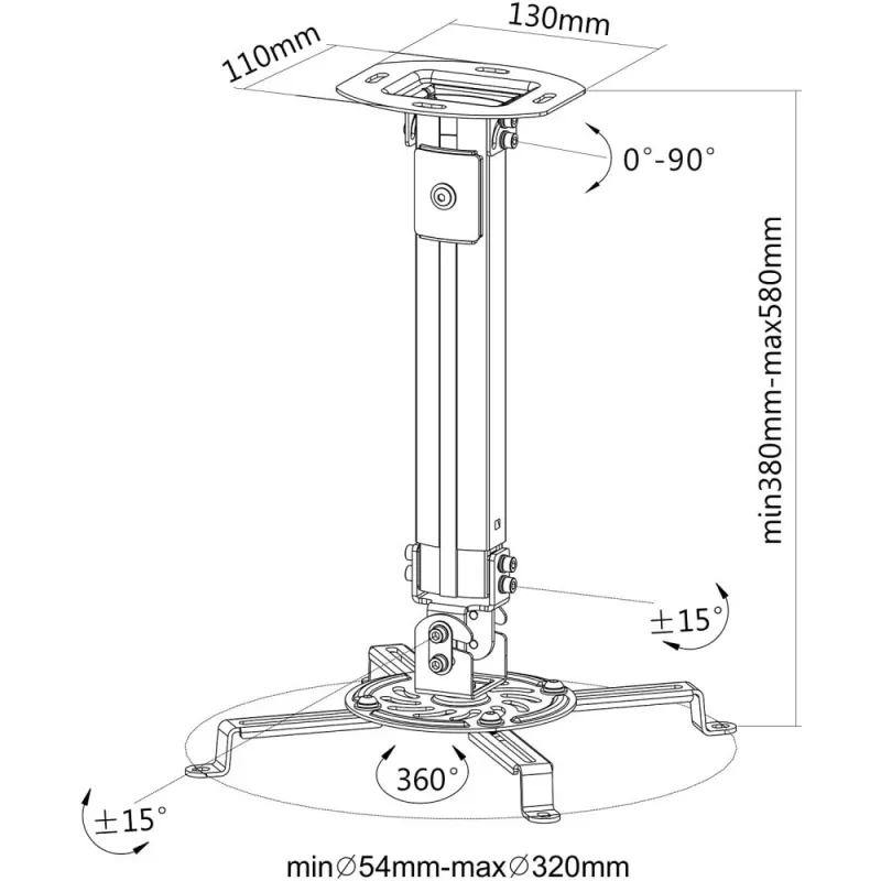 Techly projektori laekinnitus pikendusega 380-580 mm hõbedane ICA-PM 18S