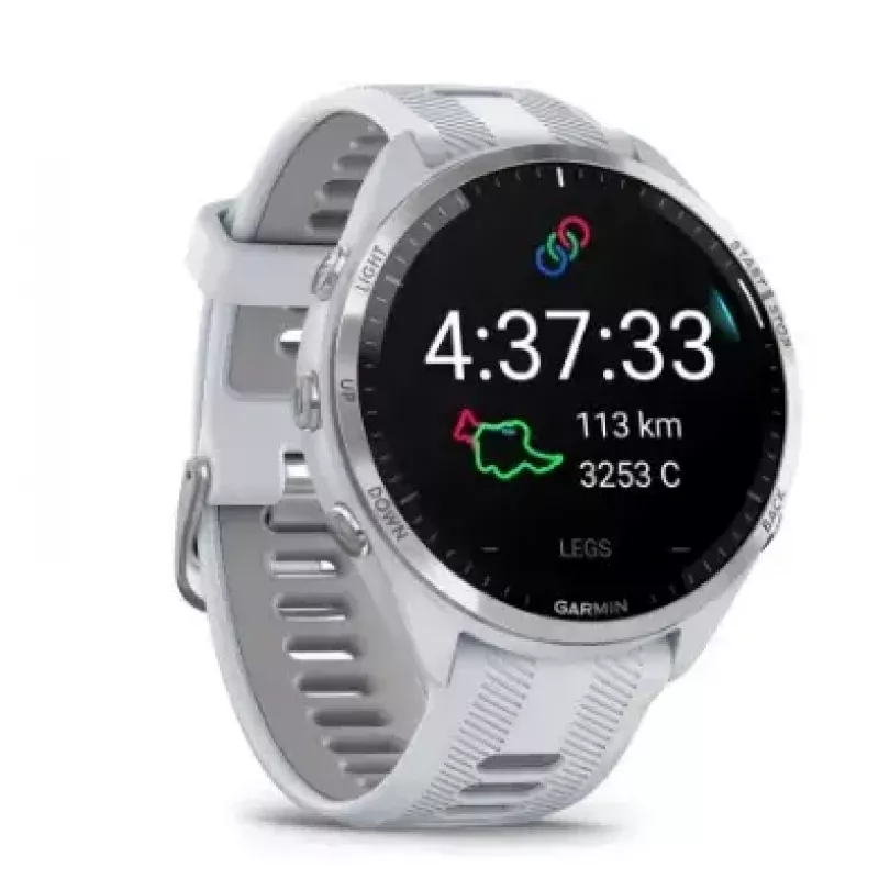 Nutikell GARMIN Forerunner 965 — 47 mm titaanist korpus, 1,4-tolline AMOLED, 32 GB, 23-päevane aku, GPS/GLONASS/Galileo, valge silikoonist rihm