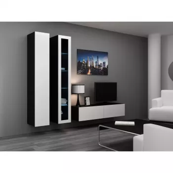 TV-alus cama meble VIGO 140 — 1400×400×300 mm, puitlaastplaadi pealispind, must/valge läige