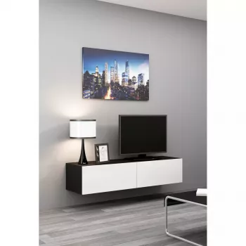 TV-alus cama meble VIGO 140 — 1400×400×300 mm, puitlaastplaadi pealispind, must/valge läige