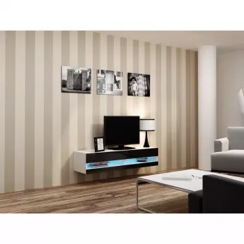 TV-alus Cama Meble VIGO NEW 30/140/40 – 1400×400×300 mm, valge pealispind, puitlaastplaat, valge raam, valge/must läige