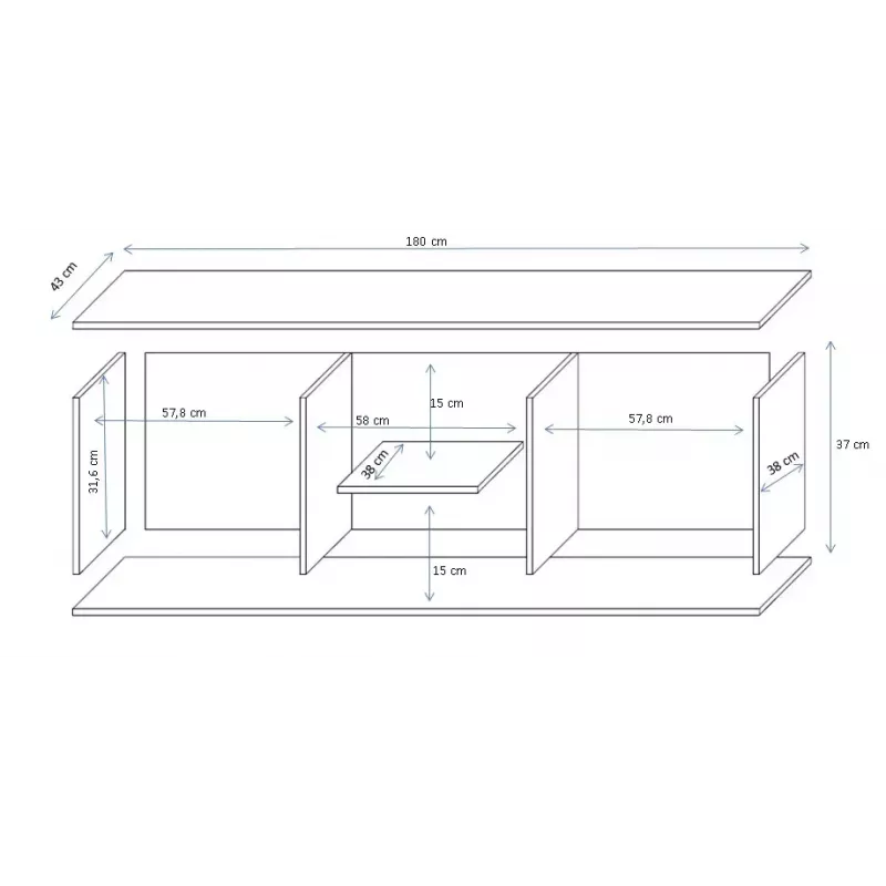 TV-alus cama meble SOHO 180 — 1800×430×370 mm, valge pealispind (puitlaastplaat), valge raam