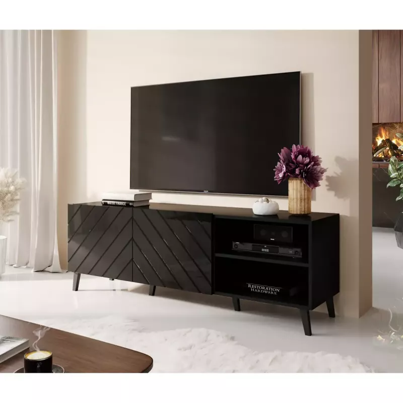 TV-kapp cama meble ABETO 150x42x52 cm, must läikiv, MDF pealispind, must raam