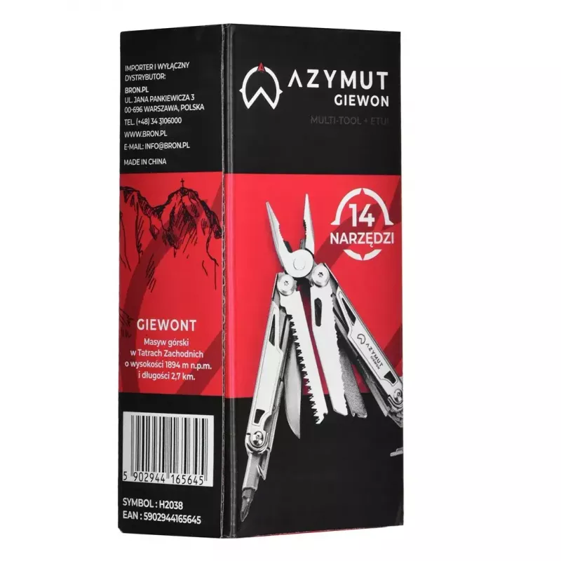 Multitool AZYMUT H2038 täissuuruses multiriist — 14 tööriista, 16,2 cm avatuna, 10,1 cm kokkuvoldituna, 264 g, 420/7CR13 teras, nahast kott