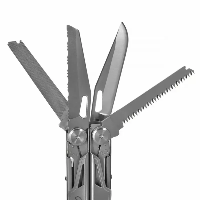 Multitool AZYMUT H2038 täissuuruses multiriist — 14 tööriista, 16,2 cm avatuna, 10,1 cm kokkuvoldituna, 264 g, 420/7CR13 teras, nahast kott