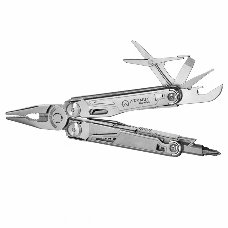 Multitool AZYMUT H2038 täissuuruses multiriist — 14 tööriista, 16,2 cm avatuna, 10,1 cm kokkuvoldituna, 264 g, 420/7CR13 teras, nahast kott