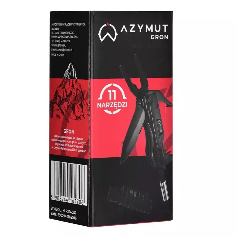 Multitööriist AZYMUT Gron — täissuuruses multiriist, 11 tööriista, 9 otsakut, roostevaba teras, kokkupandult 11 cm, avatult 15,4 cm