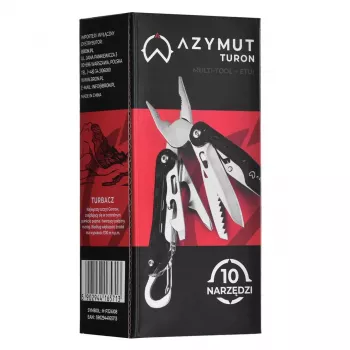 Multitool AZYMUT Turon 10-tööriistaga karabiin H-P224108 — roostevaba teras 420, 10 funktsiooni, kokkupandult 11 cm, kaal 224 g, nahast tupp