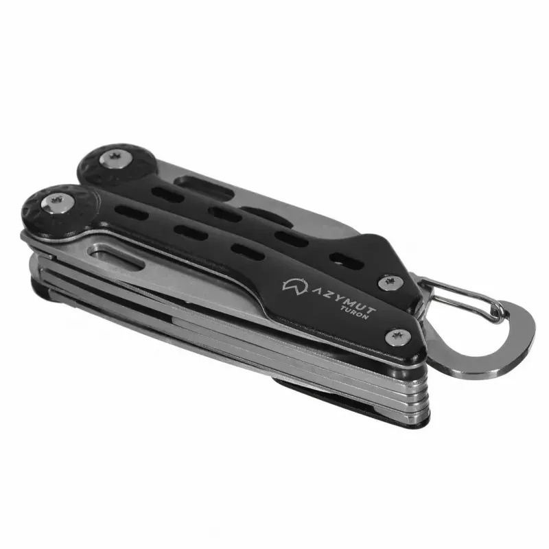 Multitool AZYMUT Turon 10-tööriistaga karabiin H-P224108 — roostevaba teras 420, 10 funktsiooni, kokkupandult 11 cm, kaal 224 g, nahast tupp