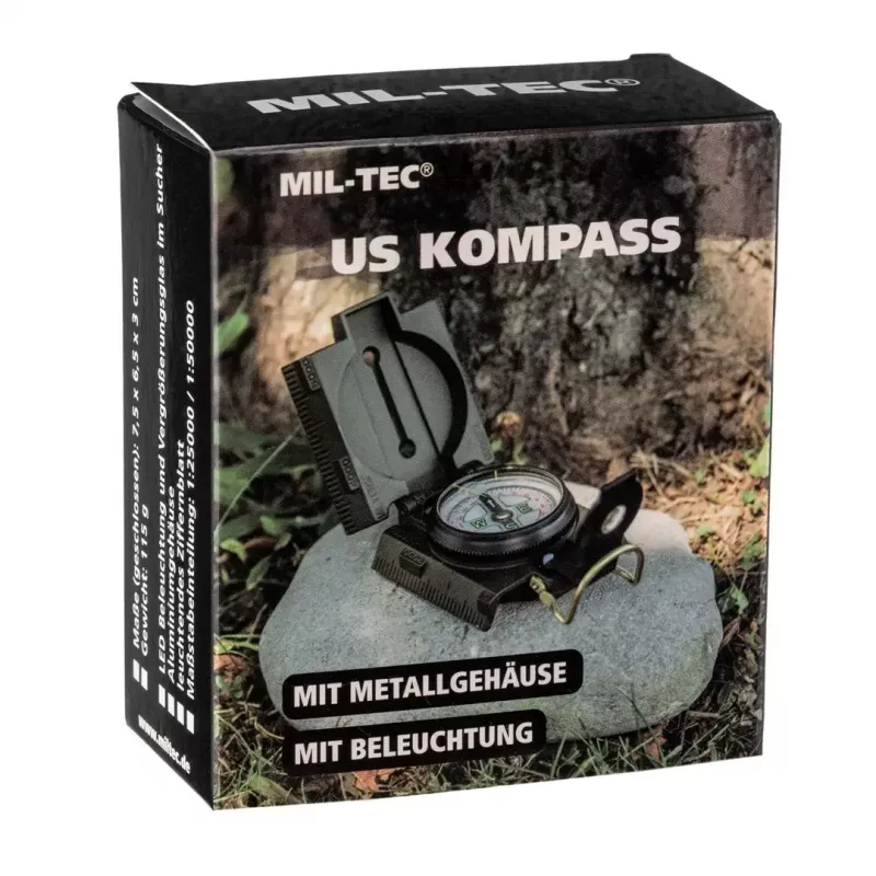 Navigatsiooniline magnetkompass Mil‑Tec Mil‑Tec US valgustusega, alumiiniumkorpus, mõõtkavad 1:50k ja 1:25k, oliivroheline
