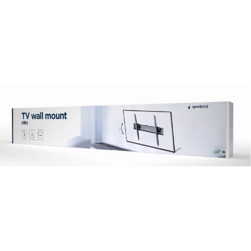Gembird WM-70T-02 teleri seinakinnitus 37–70 tolli, max 40 kg, VESA 200×200–600×400, kalle ±12°, kaugus seinast 5,3 cm, teras, must
