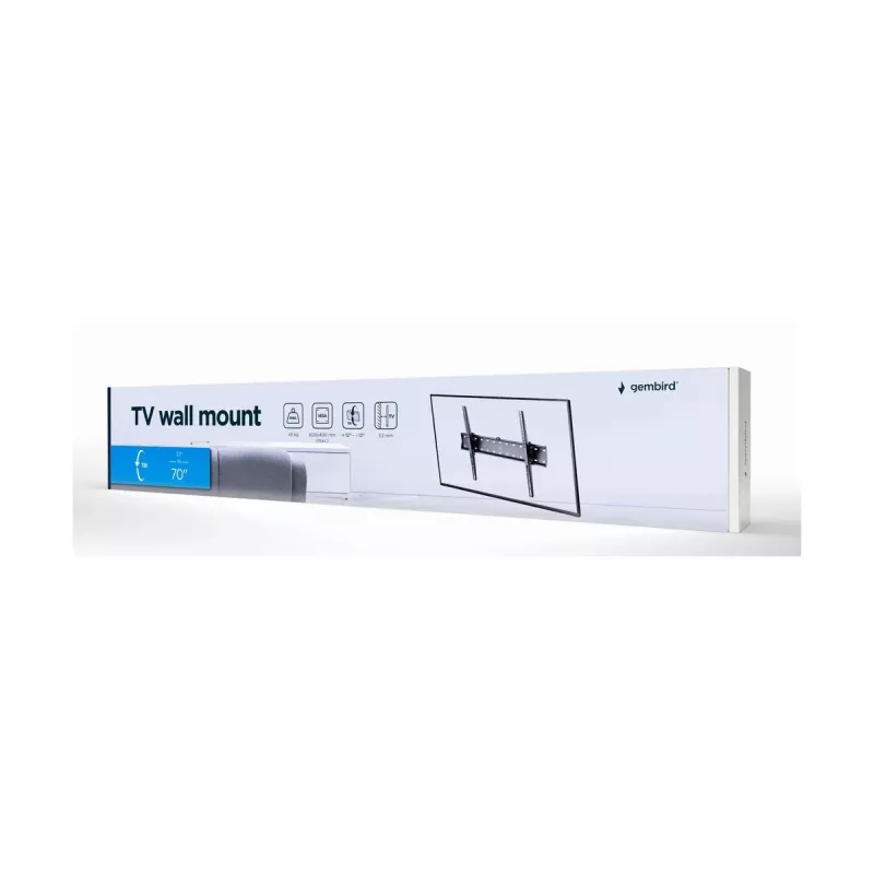 Gembird WM-70T-02 teleri seinakinnitus 37–70 tolli, max 40 kg, VESA 200×200–600×400, kalle ±12°, kaugus seinast 5,3 cm, teras, must